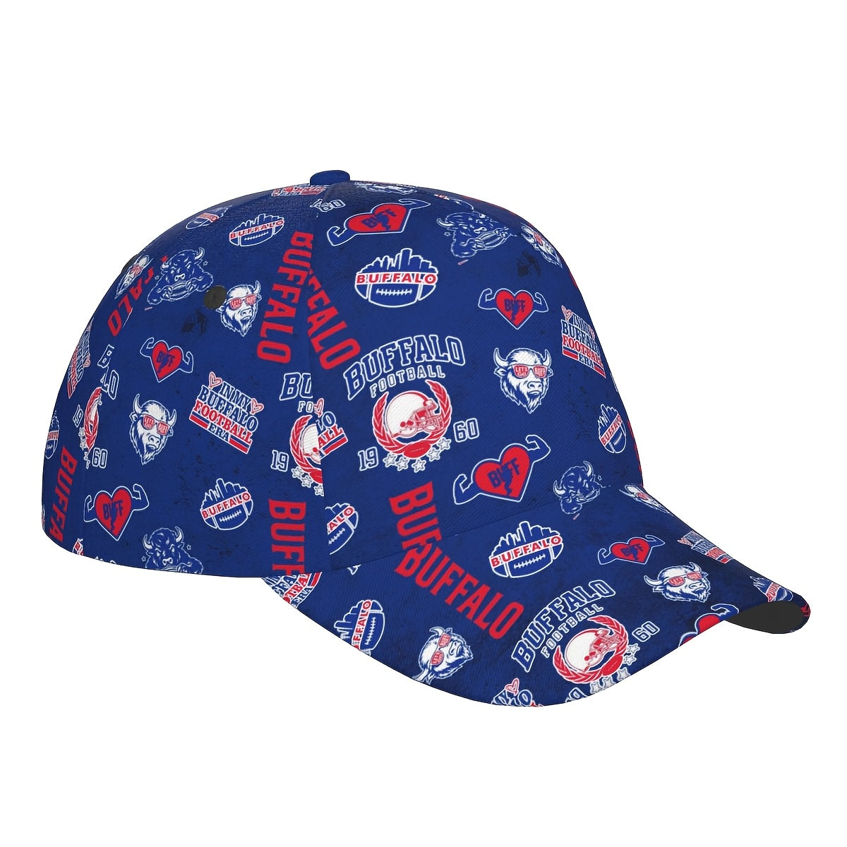 Baseball Cap Featuring a Full-Print Design with a Blue And Red Football Theme, Made from 100% Breathable And Adjustable for Comfort