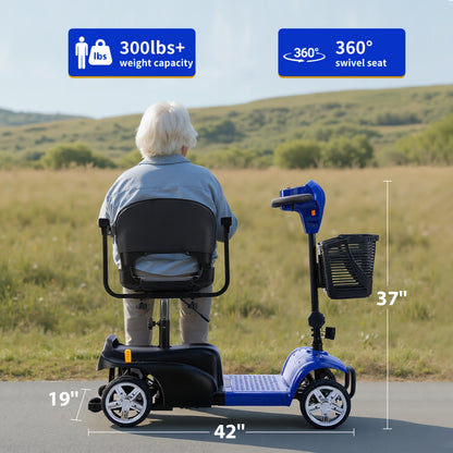 4-Wheel Electric Mobility Scooter for Adults & Seniors - 15-mile Range, 6 Mph Speed, 24V 12Ah, Equipped with LED Headlights And Adjustable Swivel Seat. Powered By A 250W Motor, It'S The Perfect Companion for Outdoor Camping T