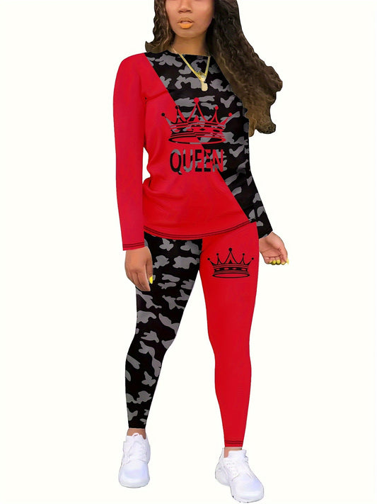 Women's Casual Two-Piece Set, Printed with Queen Letters, Spring And Autumn Polyester Spandex Fabric, Round Neck Long Sleeve Pullover, Color Block Design, Regular Fit-/M