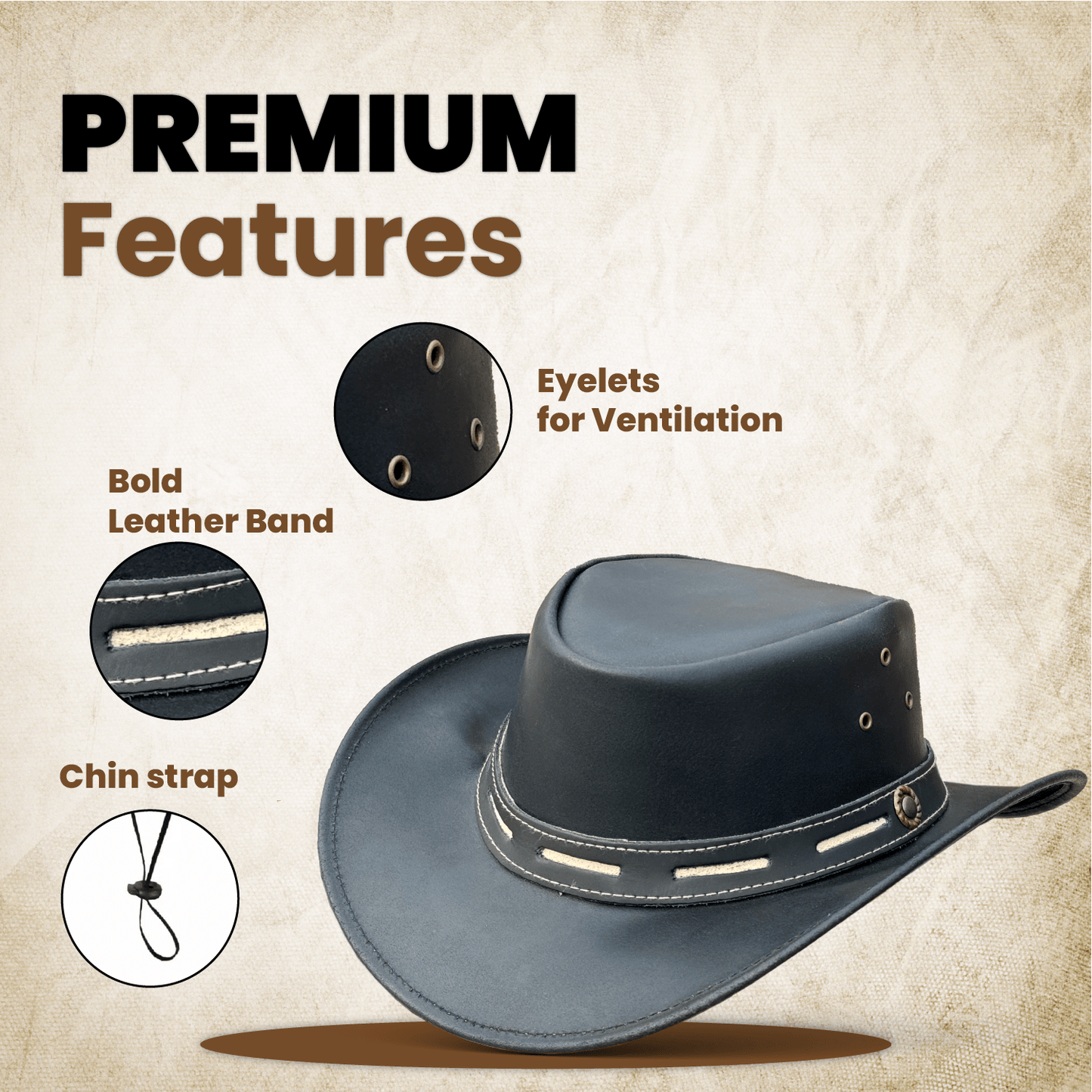 Aussie Style Cowboy Hat Black Aussie Style Cowboy Hat - Genuine Cowhide Western Australian Outback Hat with Shapeable Wide Brim for Men Women