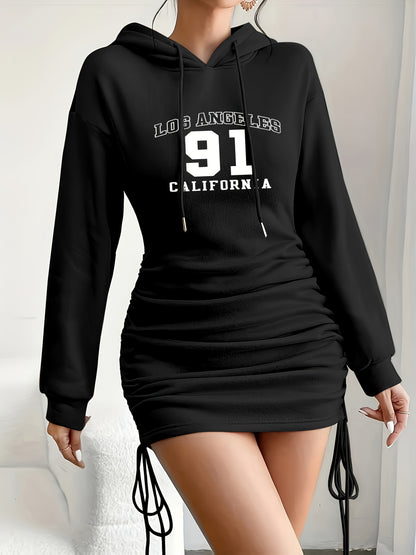 Women'S Black Hooded Bodycon Dress with Drawstring Detail - Los Angeles 91 California Print, Long Sleeve Mini Dress for Fall, Casual Wear Dress | Alphabet Pattern Dress | Polyester Fabric