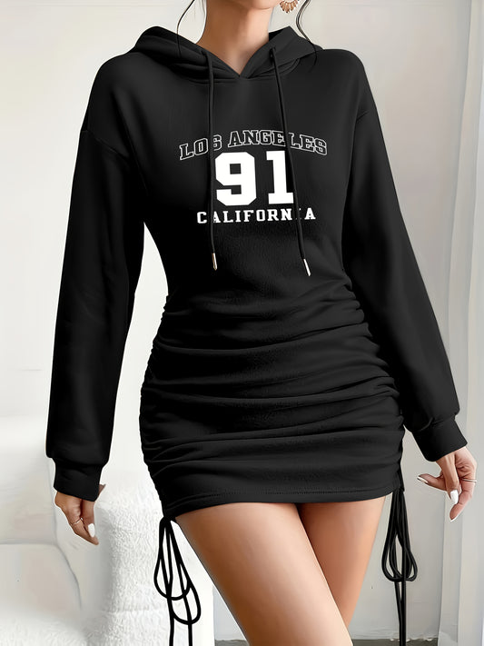 Women'S Black Hooded Bodycon Dress with Drawstring Detail - Los Angeles 91 California Print, Long Sleeve Mini Dress for Fall, Casual Wear Dress | Alphabet Pattern Dress | Polyester Fabric