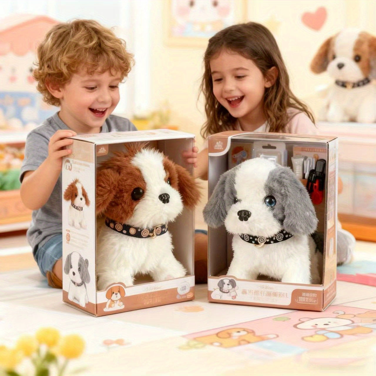 2pcs Interactive Puppy Robot, Pet Toy, Plush Toy with Walking and Tail Wagging, Simulation Toy, Cute Plush Dog for Kids, Adorable Pet Gift