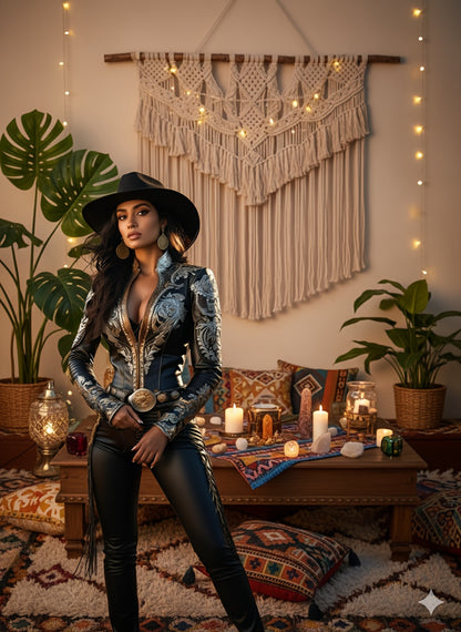 Jacket with Western Floral Embroidery And a Zipper