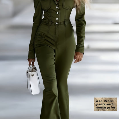 Women'S Fashionable Faux Denim Jumpsuit | Solid Color, Lapel, Off-shoulder, Single-breasted, Long-sleeved, Fitted Top and Slightly Flared Trousers with Pockets | Casual Style, Slight Stretch Fabric, All-Season, SCACTO Brand