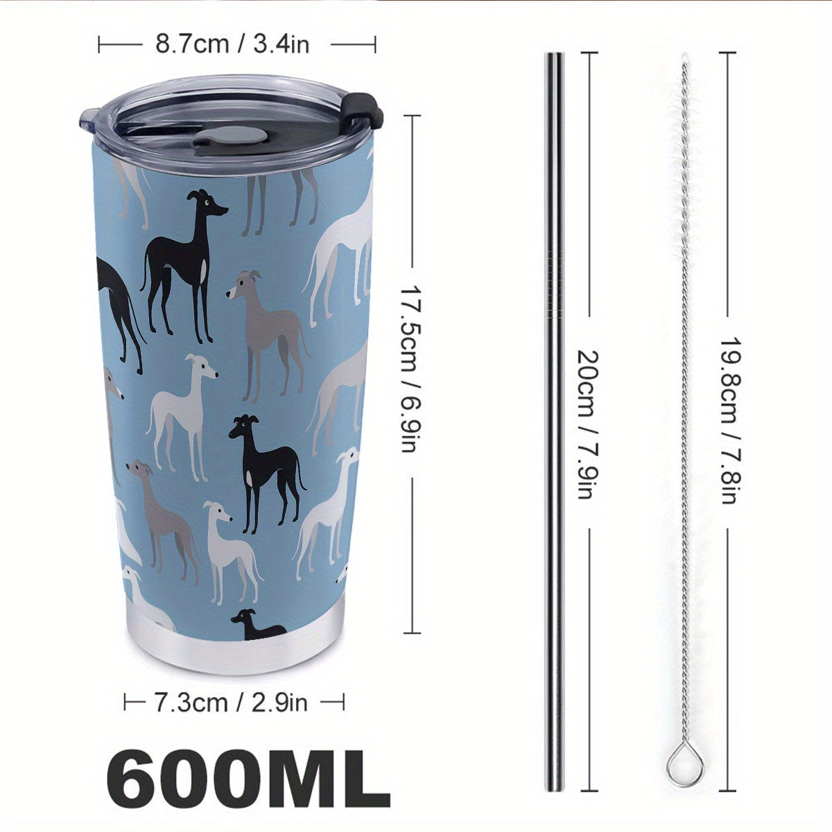 1pc Greyhound Dog Design 20oz/600ml Stainless Steel Tumbler with Straw & Lid - Double-Wall Insulated Cup, Leakproof & -Slip, 304 Stainless Steel Travel Mug for Coffee, Gym, Office, Car - Greyhound Pattern Insulated Bottle Gif
