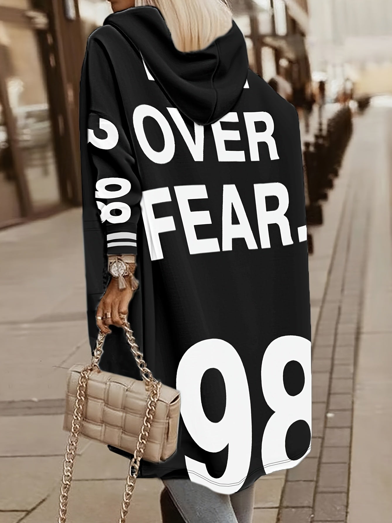 Women's Winter Hooded Jacket with 'LOVE' Lettering & -1 Zippered Coat, Striped Cuff & Pocket Design, Casual Warm Outerwear for Fall/Winter, (Machine Washable) - Everyday Outer Layer, Sweater-like Blazer Style