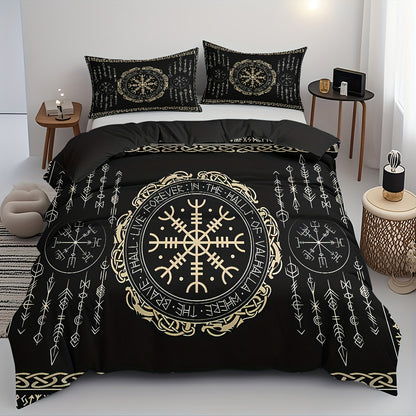 3pcs Comfortable Nordic Rune Theme Duvet Cover Set, Soft High-Definition Digital Print Perfect Gift, Soft Breathable 100% Polyester, All-Season, Family And Friends Gift, Machine Washable (1 Duvet Cover + 2 Pillowcases, No Fil