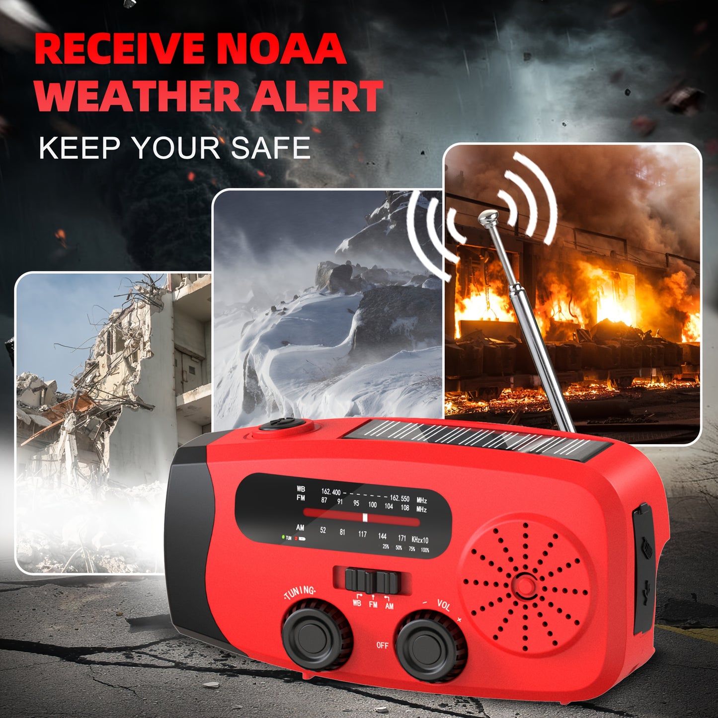 Emergency Radio: Solar-Powered, Power Bank, Hand Crank, AM/FM NOAA Portable Weather Radio, 2000 MAh Mobile Power, USB Charging, Solar, With LED Flashlight, Hurricane, Survival Gear