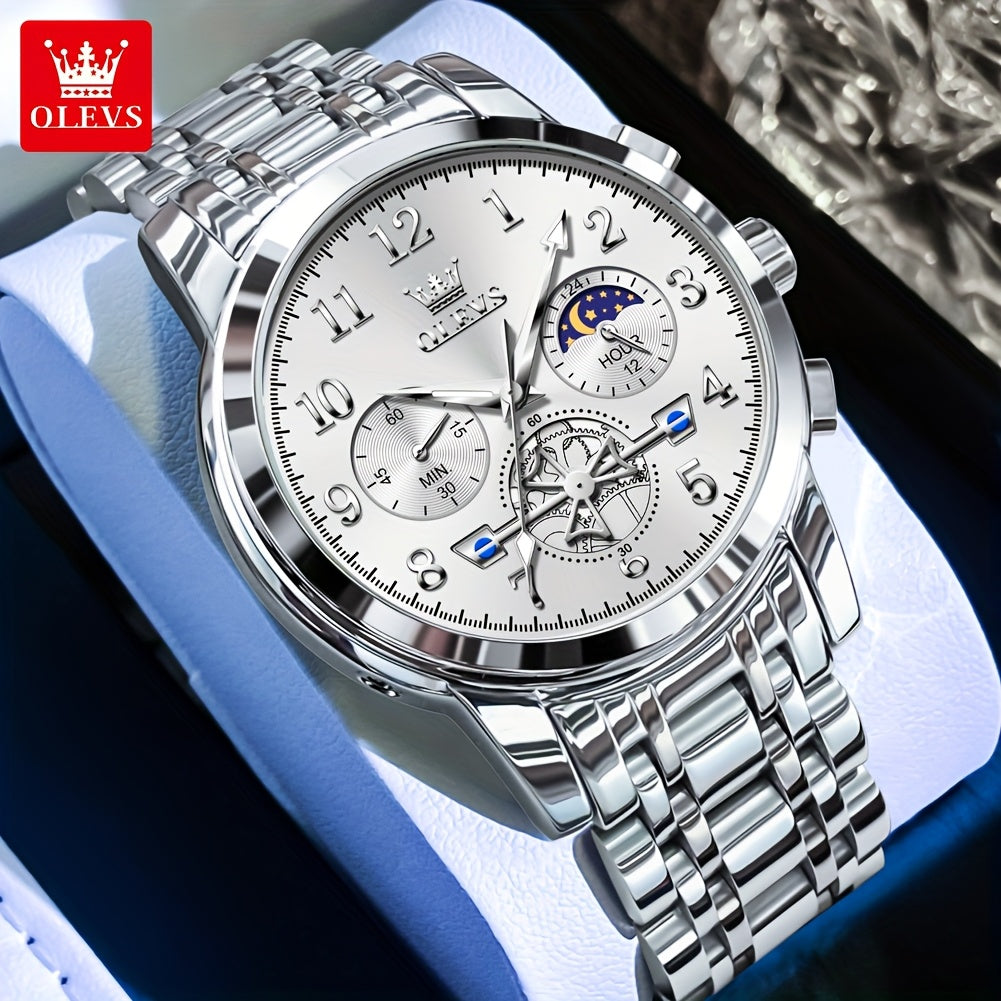 OLEVS Men's Luxury Multifunctional Quartz Watch - Stainless Steel Luminous Analog Watch with Moon Phase, Chronograph, Date/Day/24H Indicator, Golden-Tone & Bracelet for Business, Casual, Casual Attire - Dress Watch