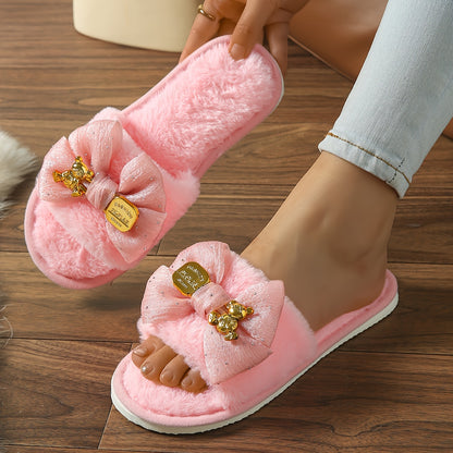 New Style Bear Bow Slippers for Women, Suitable for Spring, Summer, Autumn, And Winter, Featuring Open-Toe Design And Available in Larger Sizes for Indoor Use.