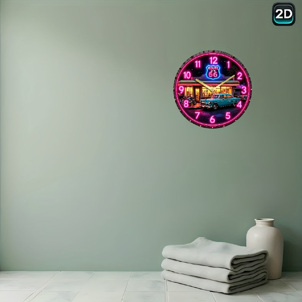 1PC 10/12-inch turquoise car and Route OG logo design wall clock - Round wooden decorative clock, silent non-ticking, powered by AA battery (AA battery not included), perfect for kitchen, living room, cafe and home decoration