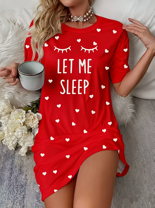 Women's Red Pajama Dress with "LET ME SLEEP" Slogan & Heart Cutouts - Short Sleeve Round Neck Sleepwear Nightgown, Machine Washable All-Season Nightdress for Bed, Lounge & ( Sleepwear)
