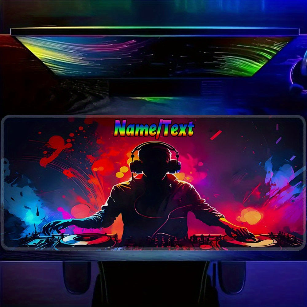 Custom DJ-Themed Gaming Desk Mat with Non-Slip Base & Personalized Text/Name - Large Computer Mouse Pad for Music Producers, DJs, Office Setup - Washable Surface & Rubber Backing, DJ Headphones & Turntables Design - Ideal Gif