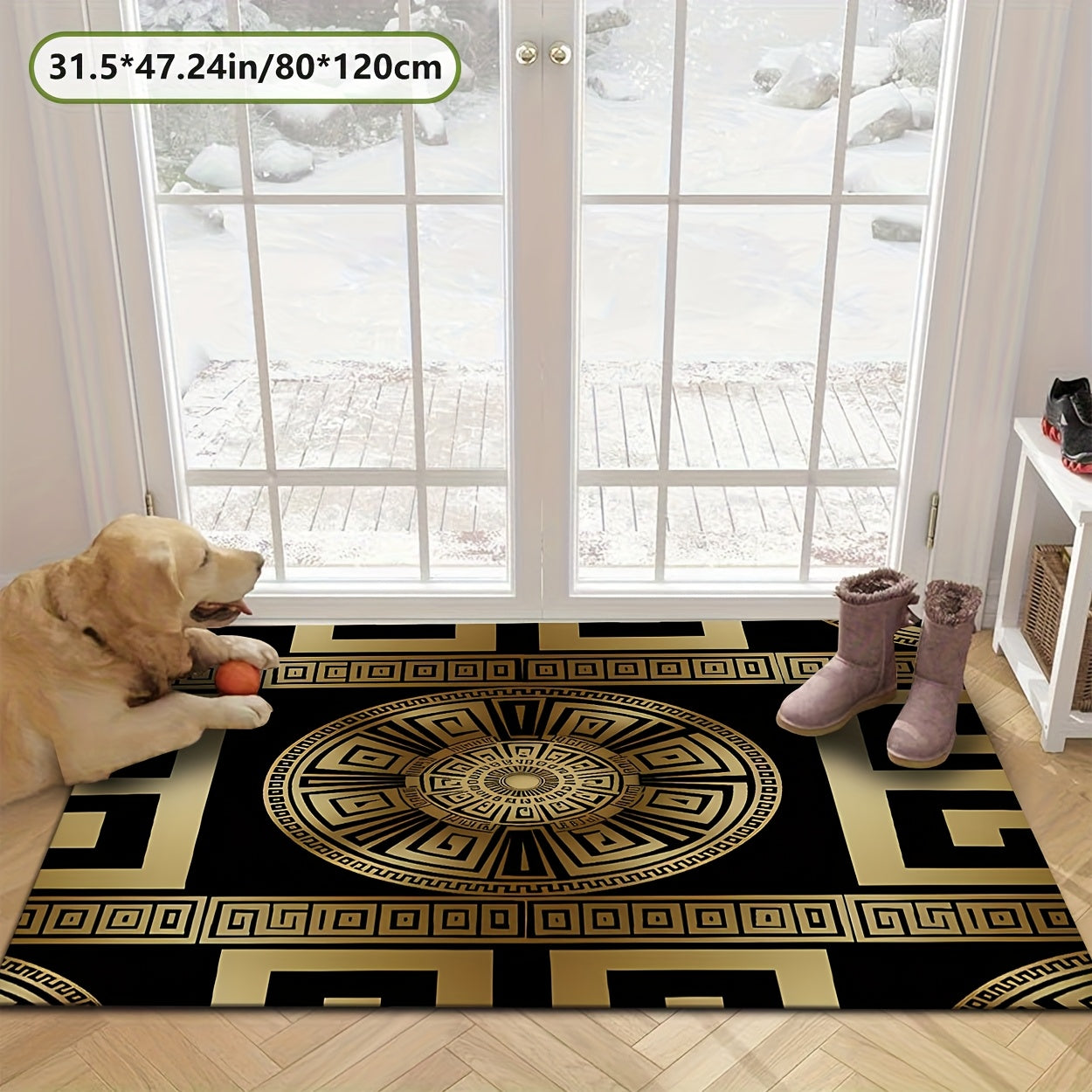 Black and Golden Greek Pattern Mat, Soft and Durable, Machine Washable and Easy to Clean, Lightweight, Soft, Comfortable, High-end Velvet + 7mm Thickness + Non-slip Backing + Over 800g per square meter, Kitchen Mat, Living Ro