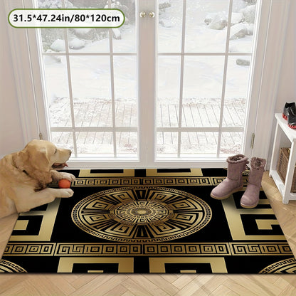 Black and Golden Greek Pattern Mat, Soft and Durable, Machine Washable and Easy to Clean, Lightweight, Soft, Comfortable, High-end Velvet + 7mm Thickness + Non-slip Backing + Over 800g per square meter, Kitchen Mat, Living Ro