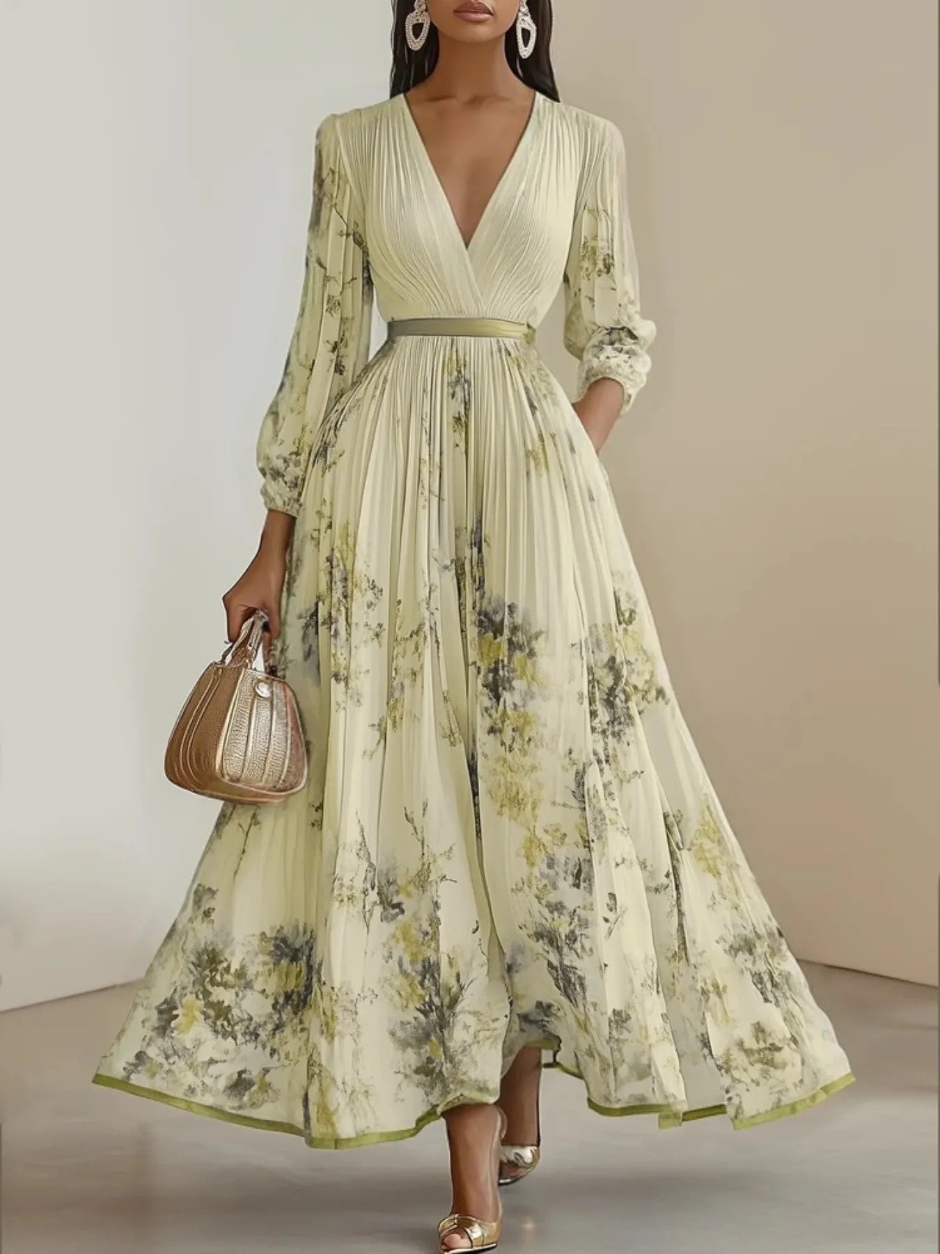 Women's Elegant A-Line Maxi Dress with V-Neck & full-length Zipper Back - Long Sleeve Summer Wedding Guest Gown, Pleated Maxi, Non-Stretch Fabric (Hand Wash/Dry Clean) - Floral print suitable for Prom, Party, Special Occasion