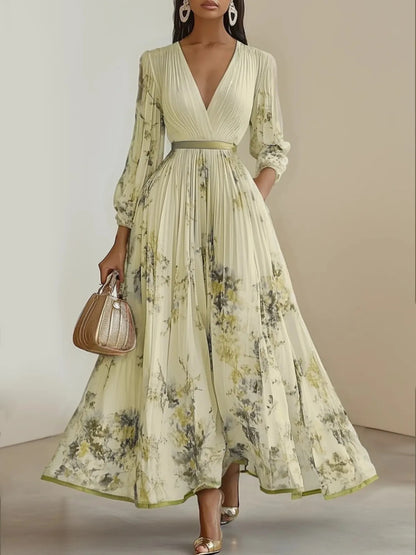 Women's Elegant A-Line Maxi Dress with V-Neck & full-length Zipper Back - Long Sleeve Summer Wedding Guest Gown, Pleated Maxi, Non-Stretch Fabric (Hand Wash/Dry Clean) - Floral print suitable for Prom, Party, Special Occasion