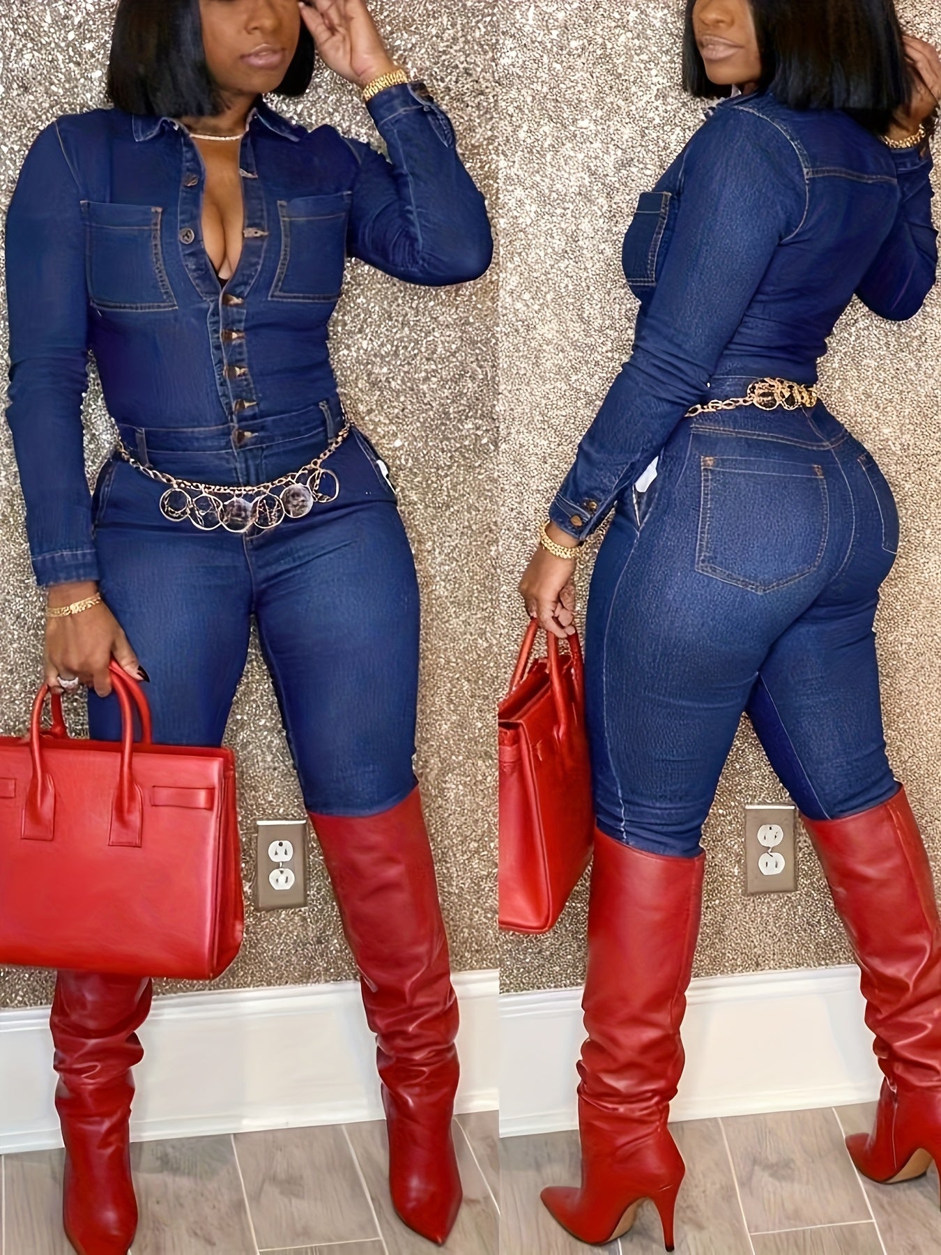 Women'S Stylish Blue Long - Sleeve Button - Front Denim Jumpsuit Chest Pockets & Deep V - Neck, Trendy For Night Out, Parties, Party Events, Clubbing & Evening Gatherings - Must - Have Fashion