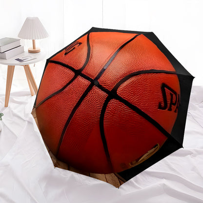3D Basketball Umbrella with Automatic Open/Close, Red/Black Basketball Design, Sturdy 8-Rib Frame - Compact Folding Umbrella for Men, Women, Sports Fans - Ideal for Commute, Travel, Business Meetings - Durable Everyday Carry