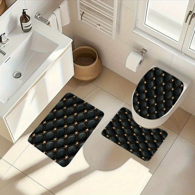 Set of 4 Luxurious Black And Golden Shower Curtains Featuring an Intricate Button Design - Comes with a U-Pad, Cover Cap, And Two Hooks - Made from Polyester, Measuring 31.5X31.5inch, Perfect for Elegant Bathroom Decor, Styli