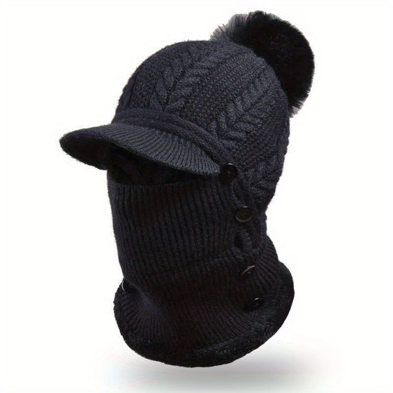 1x Winter Women's Pullover Ear Warmer Hat, Scarf Mask Combo Warm Thick Skull Ski Cap, Head And Neck Warmth, Ear And Face Warmer, Winter Scarf Mask Combo, Ear Warmer Hat, Cable Pattern, Slouchy Fit, Hand Wash Care, Thick Fleec
