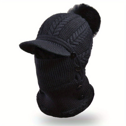 1x Winter Women's Pullover Ear Warmer Hat, Scarf Mask Combo Warm Thick Skull Ski Cap, Head And Neck Warmth, Ear And Face Warmer, Winter Scarf Mask Combo, Ear Warmer Hat, Cable Pattern, Slouchy Fit, Hand Wash Care, Thick Fleec