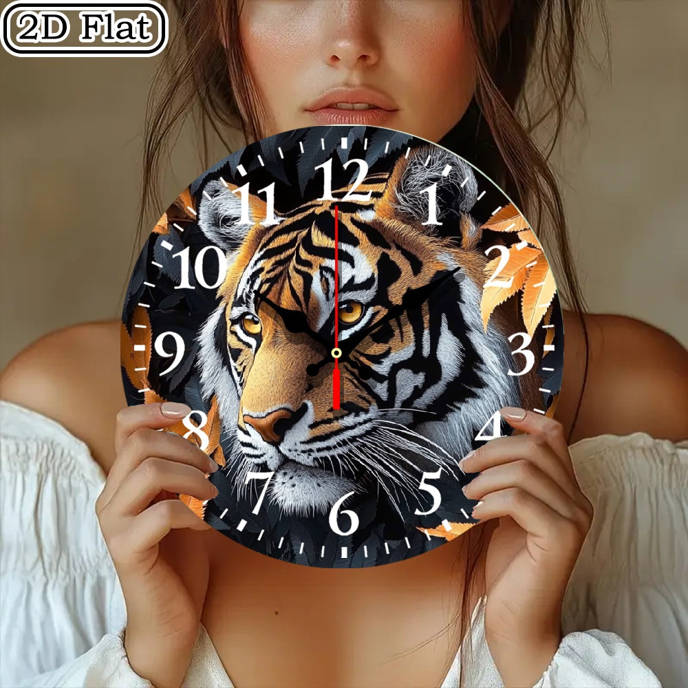 10x10 Inch Round Wooden Wall Clock with Tiger Head & Orange Leaves Design - Silent Non-Ticking Battery-Powered Modern Black/White Face, Golden Hands - Home Office Bedroom Decor, Wildlife-Themed Gift for Halloween Christmas (A