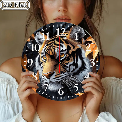 10x10 Inch Round Wooden Wall Clock with Tiger Head & Orange Leaves Design - Silent Non-Ticking Battery-Powered Modern Black/White Face, Golden Hands - Home Office Bedroom Decor, Wildlife-Themed Gift for Halloween Christmas (A