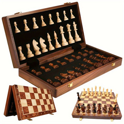 38.1cm X 38.1cm/15" X 15" Chess Solid Wood Large Premium Folding Set, Chess Pieces Solid Wood, Checkerboard Walnut, Internal Storage Box