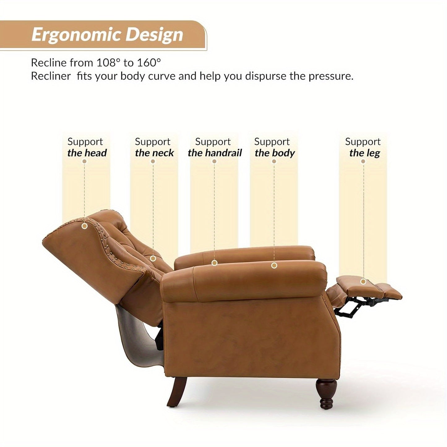 Genuine Leather Recliner Chair - Manual Push Back Recliner Sofa w/ Solid Hardwood Legs, Brown Luxury Living Room Armchair, Easy Assembly Non-Electric Recliner for Home Theater & Reading Nook - Durable Leather Upholstery, Soph