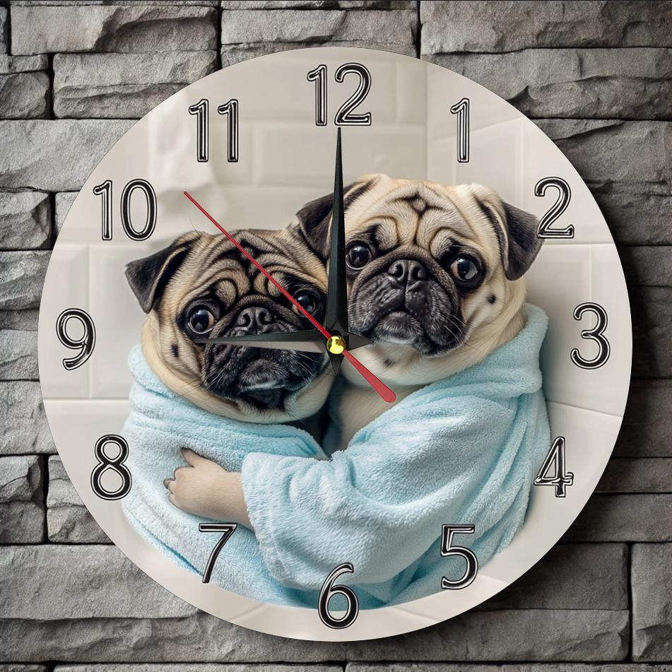 [Silent Operation] Charming Pug-Themed Silent Wooden Wall Clock - Farmhouse Style Round Clock with Adorable Pug Design, Easy-to-Read Numbers, No Ticking Sound, Perfect for Kitchen, Bedroom, or Office Decor, 9.8x9.8 Inches (Ba