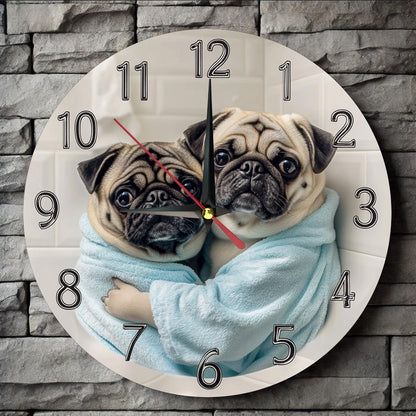[Silent Operation] Charming Pug-Themed Silent Wooden Wall Clock - Farmhouse Style Round Clock with Adorable Pug Design, Easy-to-Read Numbers, No Ticking Sound, Perfect for Kitchen, Bedroom, or Office Decor, 9.8x9.8 Inches (Ba