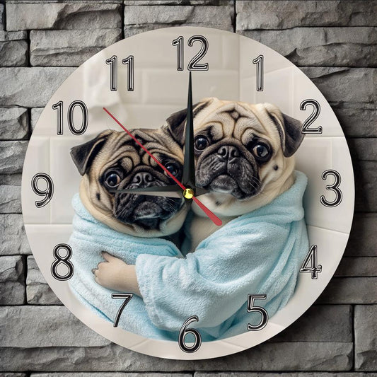 [Silent Operation] Charming Pug-Themed Silent Wooden Wall Clock - Farmhouse Style Round Clock with Adorable Pug Design, Easy-to-Read Numbers, No Ticking Sound, Perfect for Kitchen, Bedroom, or Office Decor, 9.8x9.8 Inches (Ba