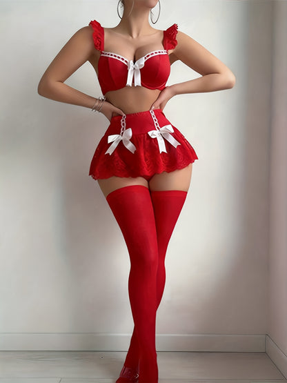 4pcs Women'S Red Lace Lingerie Set with White Bow - Bra, Lace Skirt, Thigh High Stockings & Thong, Seductive Intimate Wear for Roleplay & Nightwear, Lingerie for Women, Bodysuit Lingerie, Lingerie Sexy, Sexy Lingerie Set