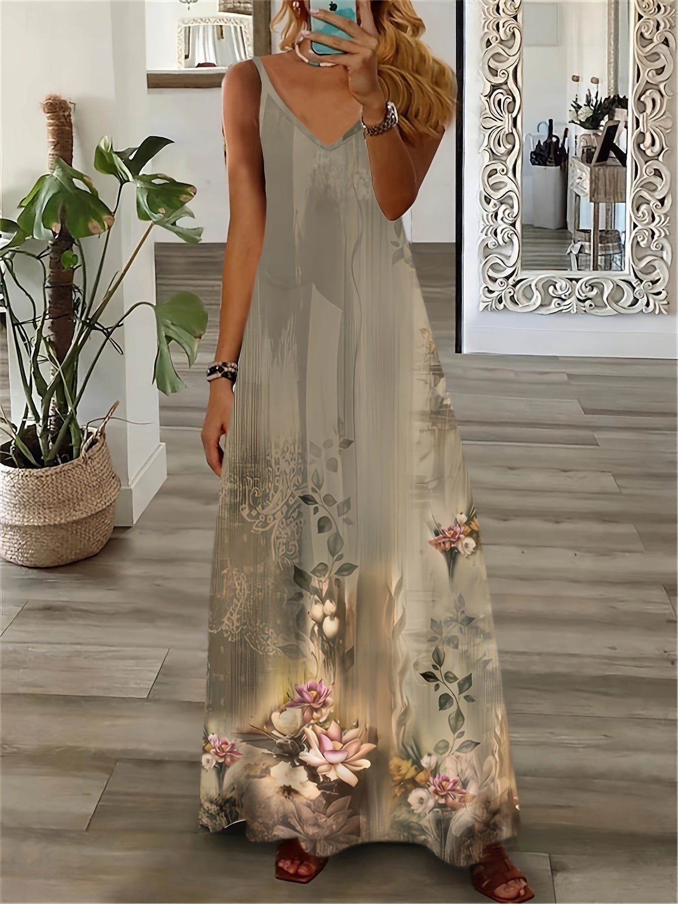 Chic Long Dress with a Floral Pattern, Featuring a V-Neck And Sleeveless Design, Perfect for Holidays And Summer Outings, Offering a Relaxed Fit And a Flattering Silhouette
