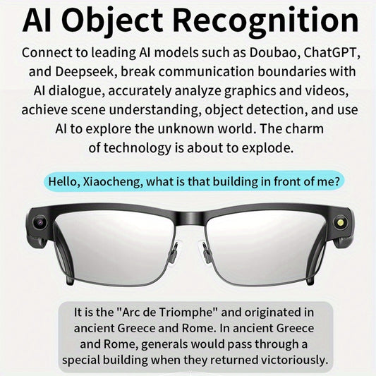 AI Smart Glasses with 800W Pixel Camera, 1080P HD Video Recording, Wireless Wireless & Wi-Fi, AI Assistant & One-Person Meeting Recorder, Music Playback, Compatible with for iphone/Android, Lightweight Semi-Rim Design, Long-L