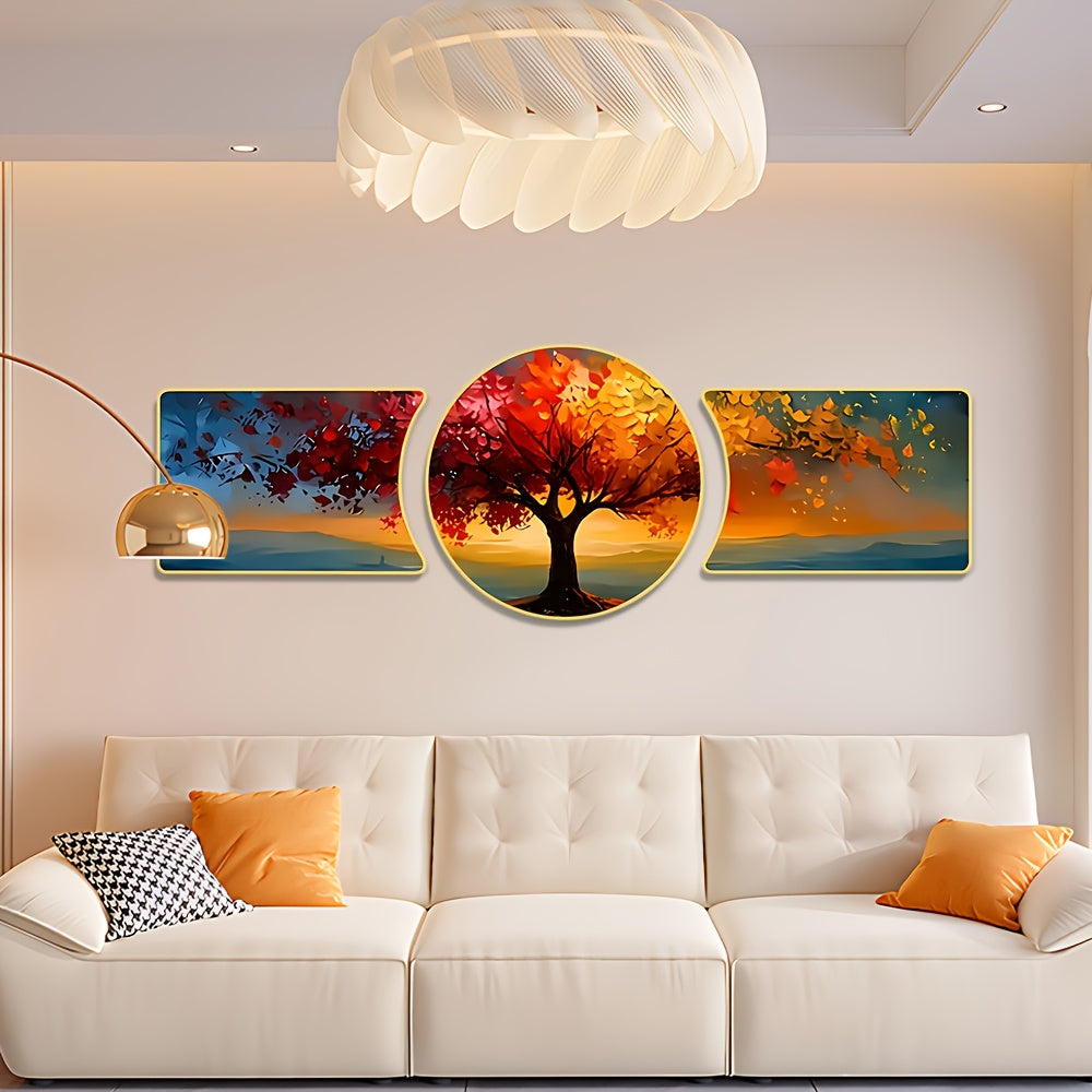 2D Flat, Three-piece Landscape Tree Wall Hanging Decoration, Waterproof Background Wall Decoration Painting, Light Luxury Style Wall Carving Decoration, Suitable for Home, Living Room, Office