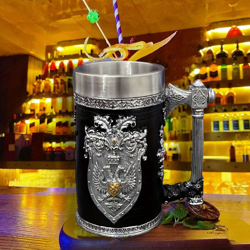 Stainless Steel Resin Relief Cup - Medieval Beer Mug, 1pc, 20.29oz - Vintage German Creative Large Tankard - Non-Slip, Reusable, Multi-Purpose - for Home, Kitchen, Bar, Christmas, Halloween Gift