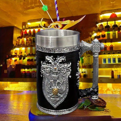 Stainless Steel Resin Relief Cup - Medieval Beer Mug, 1pc, 20.29oz - Vintage German Creative Large Tankard - Non-Slip, Reusable, Multi-Purpose - for Home, Kitchen, Bar, Christmas, Halloween Gift