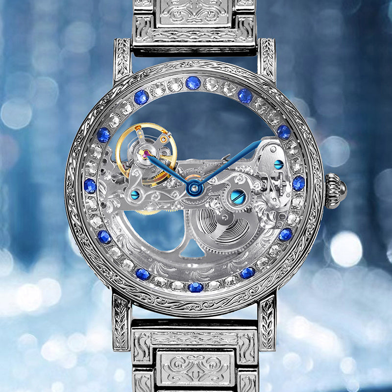 1pc Youth Men's Silvery Steel Strip Gorgeous Style Exquisite Double sided Hollow Perspective Fully Automatic Mechanical Watch