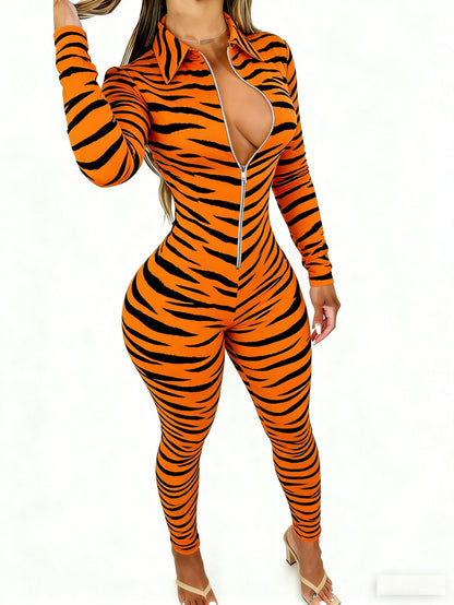 Women' Elegant Slim-Fit Front Zipper Collar Jumpsuit - Animal Print Stripes Suit, Machine-Washable Year-Round Wear Suitable for Any Season - Casual Office Party Wedding Attire