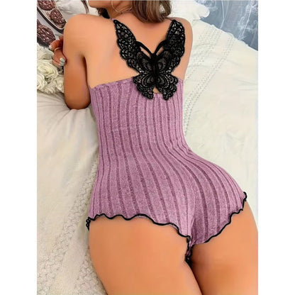 Back Butterfly Embroidery Design Pajamas for Womens Onesies | Summer Sleepwear Lace Splicing Bodysuit Loungerwear with Long Sleeves and Hooded Collar