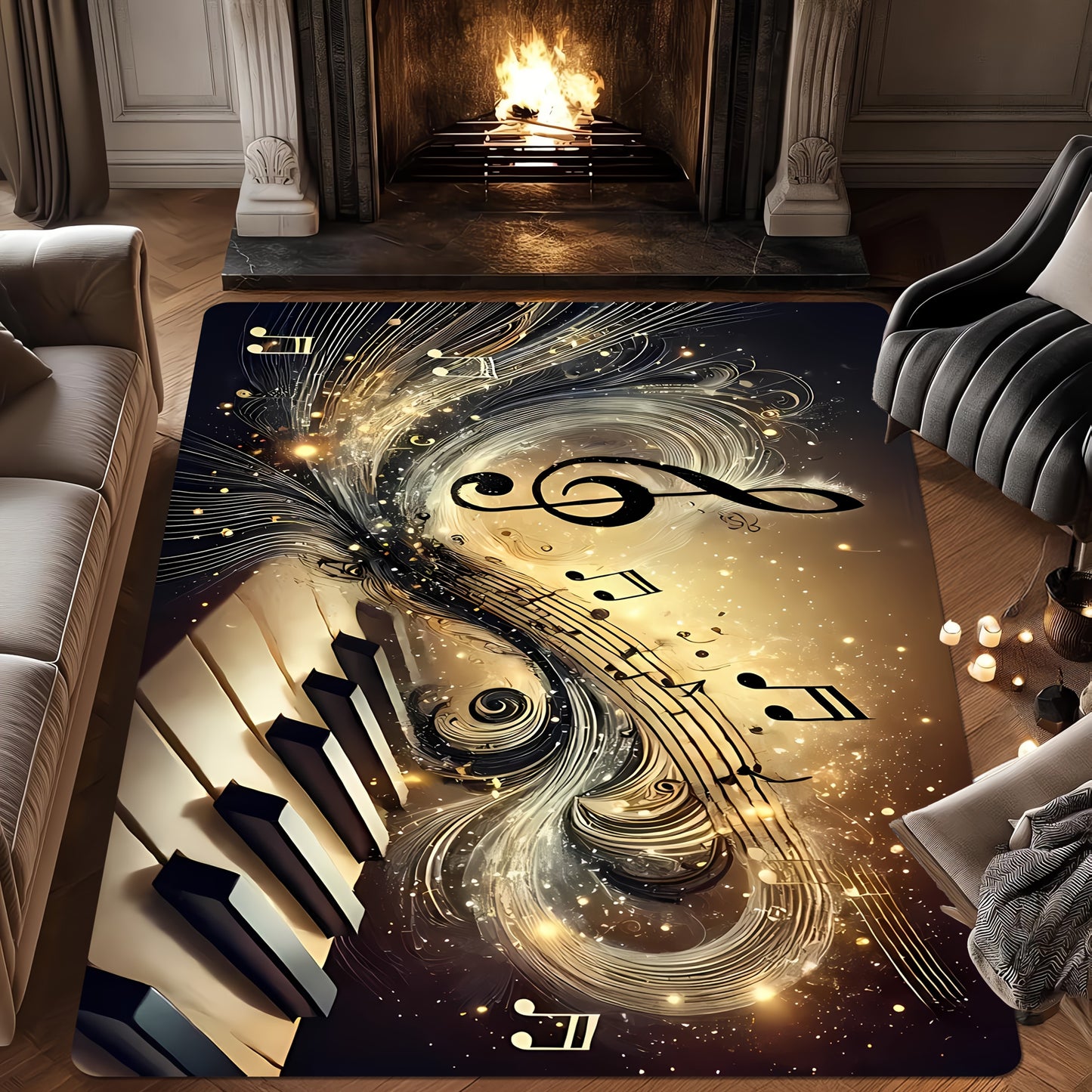Elegant Musical Note Area Mat - Lightweight, Easy to Clean Polyester Floor Mat with Golden Treble Clef Design for Living Room, Bedroom, Dining Room, Home Office, Bathroom Decor - Perfect Gift for Music Lovers, Music Room Deco