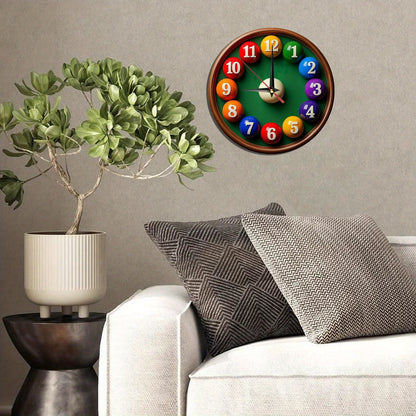Non-Electric 2D Flat Billiard Theme Wooden Round Wall Clock, Farmhouse Style Home Decor, Suitable for Kitchen, Bedroom, Office, No Ticking Sound, Battery Not Included, St. Patrick's Day Mother's Day Gift, 9.8x9.8 Inches, 2D F