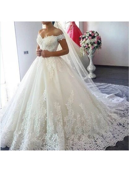 Sweep Train Wedding Dress | New White, Off the Shoulder, Fit and Flare, Elegant Style, Contrast Lace Detail, Perfect for Adult, Covering Belly for Pregnant Women
