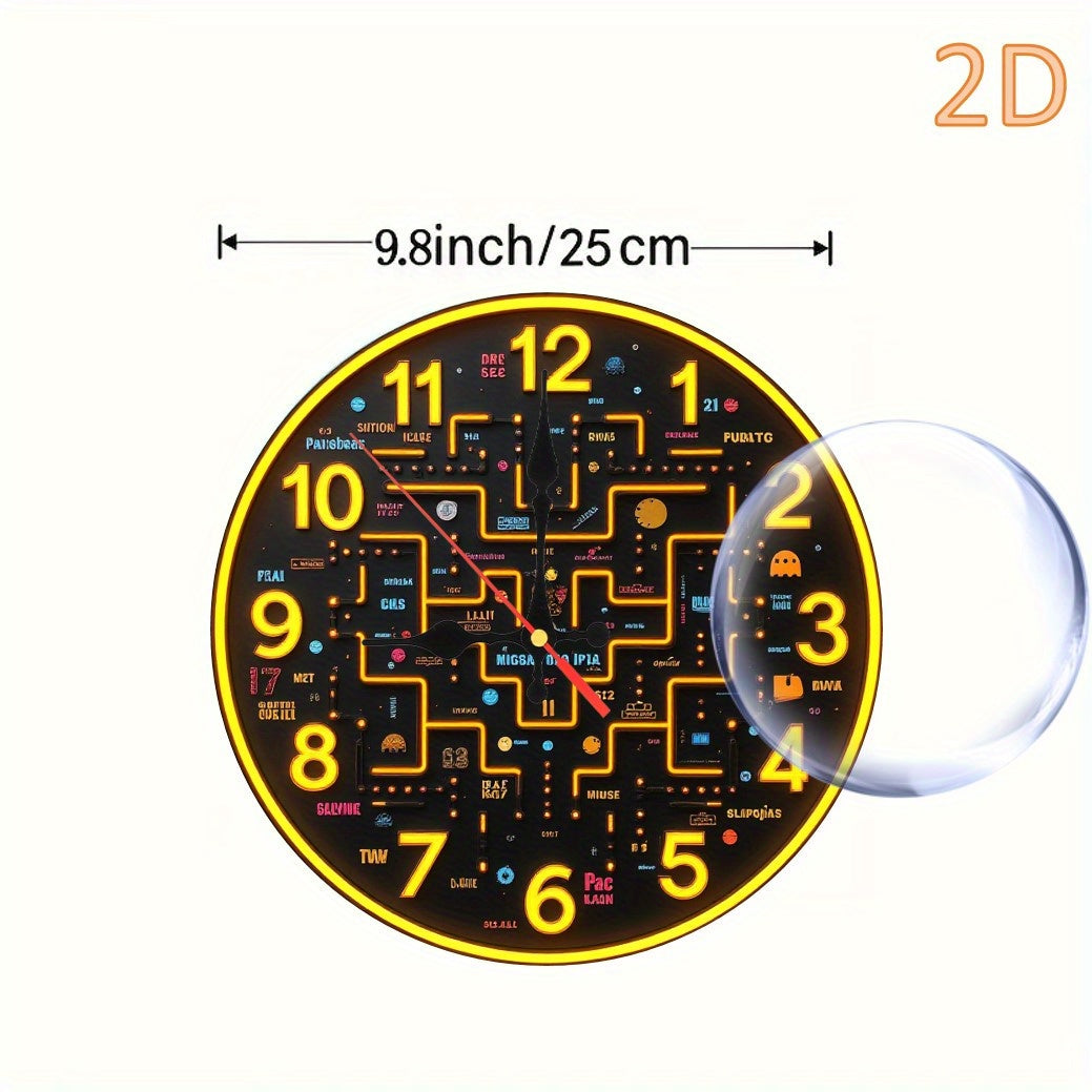 1 wall-mounted clock, 2D flat 10-inch Retro game theme round wooden wall-mounted clock, battery-powered (excluding AA battery), suitable for home, kitchen, swimming pool or bathroom decoration, living room wall-mounted clock,