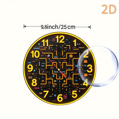 1 wall-mounted clock, 2D flat 10-inch Retro game theme round wooden wall-mounted clock, battery-powered (excluding AA battery), suitable for home, kitchen, swimming pool or bathroom decoration, living room wall-mounted clock,