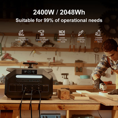 IEE P2400 Portable Power Station 2400W (5000W Peak) Solar Generator with 2x100W Solar Panels & Bonus 30W Panel, 2048Wh LiFePO4 Battery, 1800W AC Charging, 4 AC Outlets, Heavy-Duty for home Backup, RV, Emergencies - Eco System