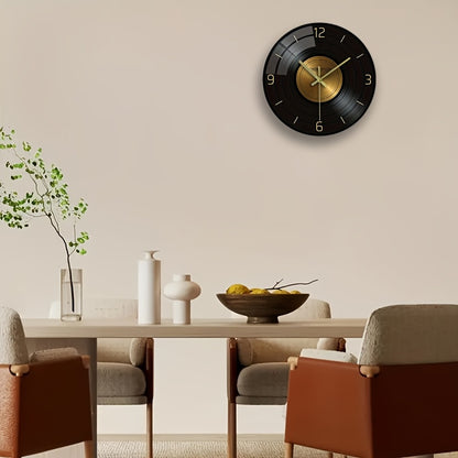 12-inch Glass Silent Wall Clock, Inspired by Vinyl Records - Black and Golden, Suitable for Living Room, Bedroom, and Office Decor | Elegant Timer, Battery Not Included, Office Wall Clock | Decorative Hanging Clock | Silent M